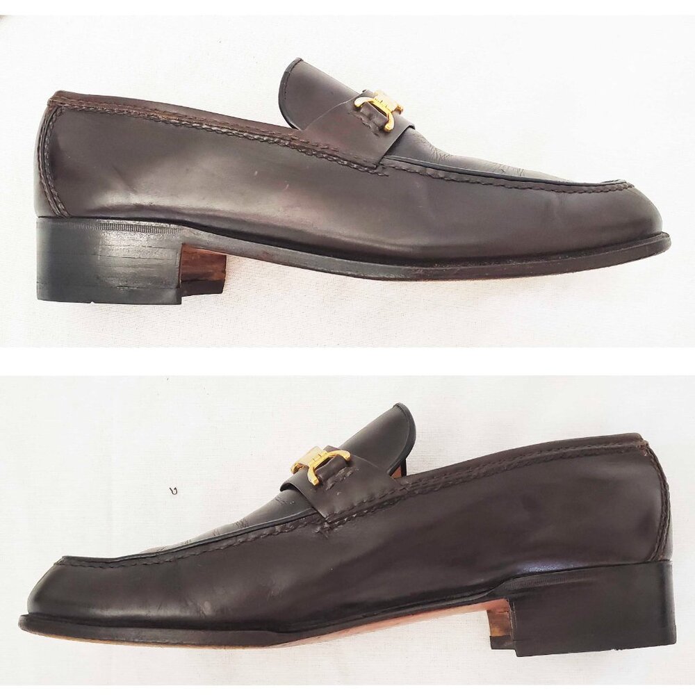 Vintage Gucci Men's Dark Brown Leather Loafers Shoes with Gold GG Buckle 42.5 - Picture 8 of 12